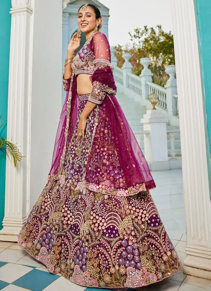 Embroidered Net Burgundy Lehenga - L3361