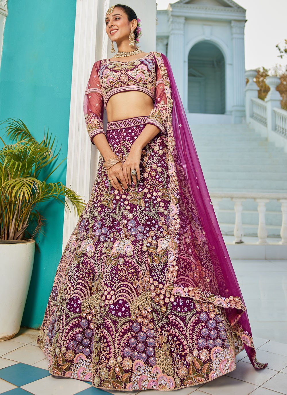 Embroidered Net Burgundy Lehenga - L3361