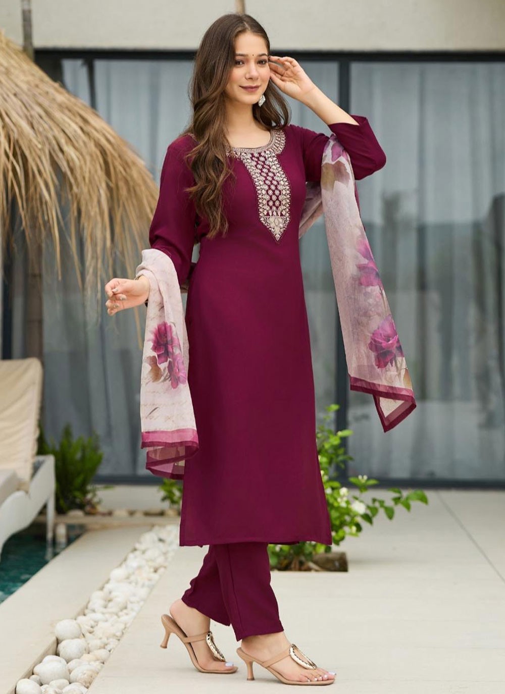 Pant Style Suit Embroidered Burgundy T8123