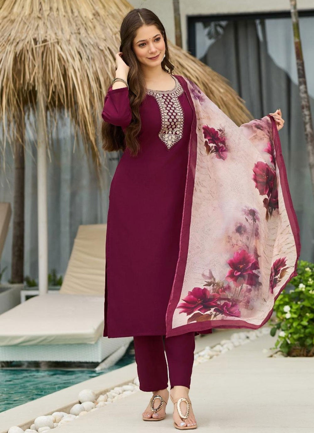 Pant Style Suit Embroidered Burgundy T8123