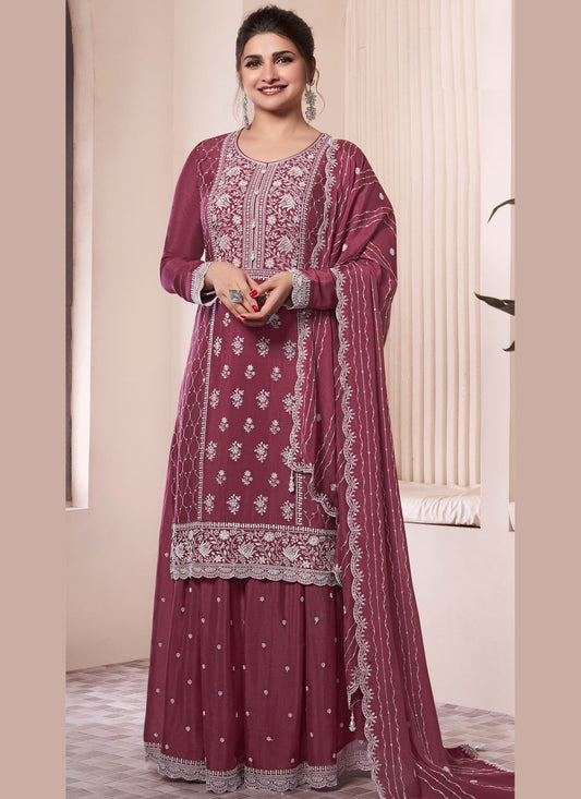 Sharara Suit Embroidered, Thread Burgundy T7058
