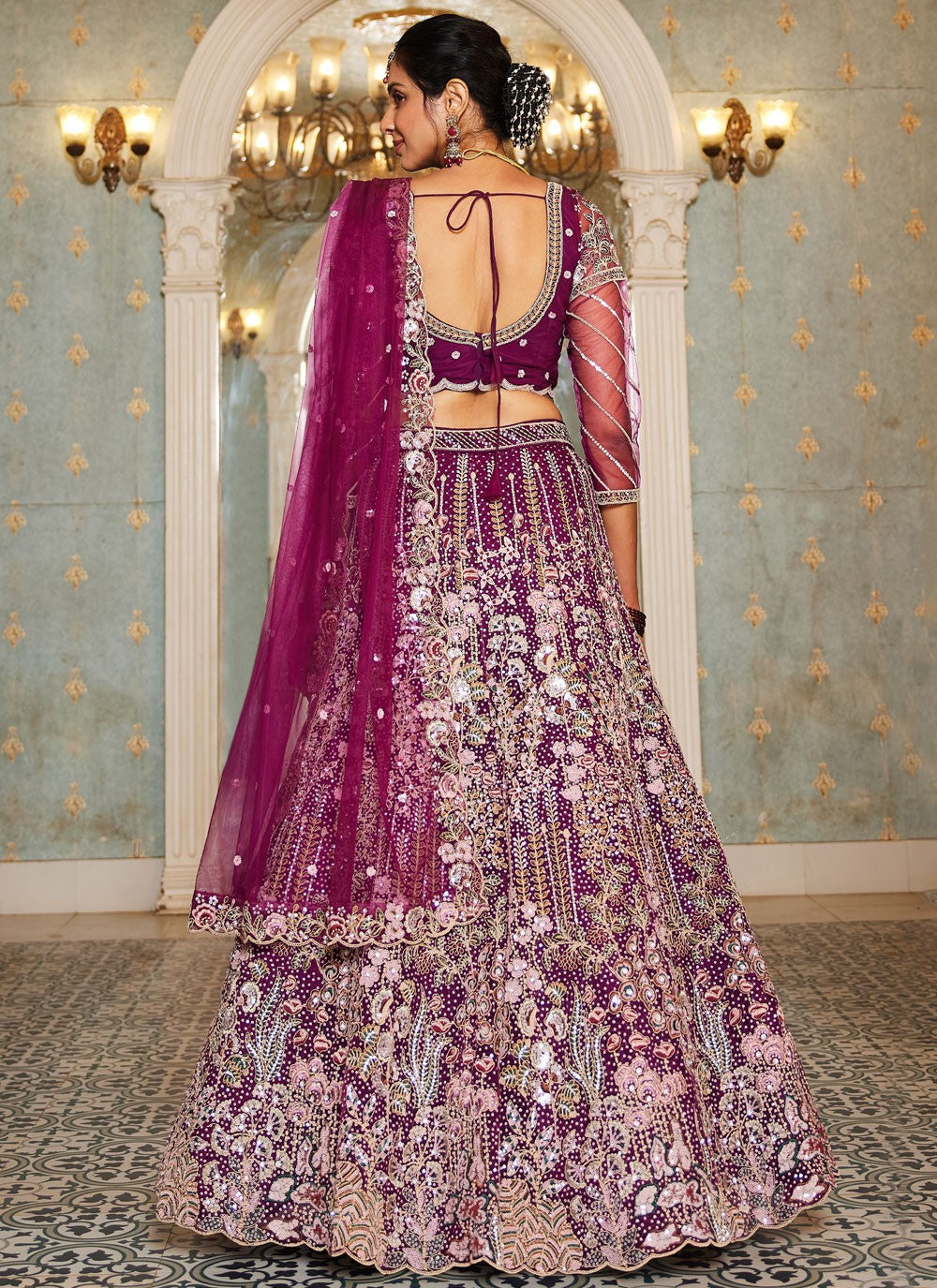Embroidered Net Burgundy Lehenga - L3366
