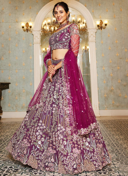 Embroidered Net Burgundy Lehenga - L3366
