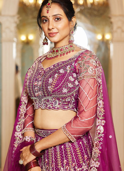 Embroidered Net Burgundy Lehenga - L3366