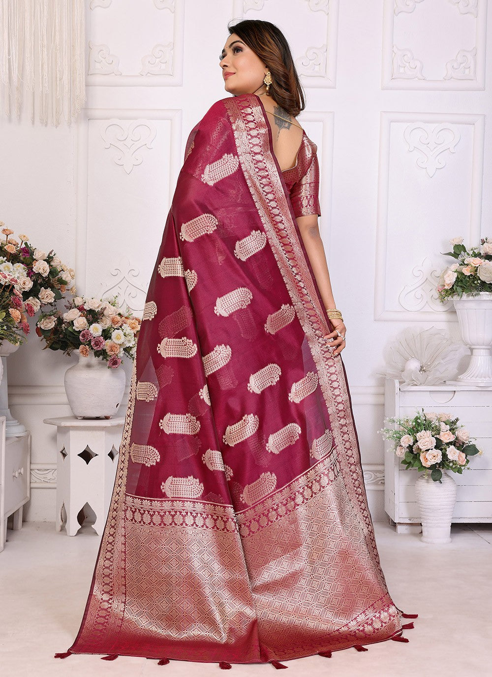 Classic Saree Woven Burgundy Organza Saree S13620