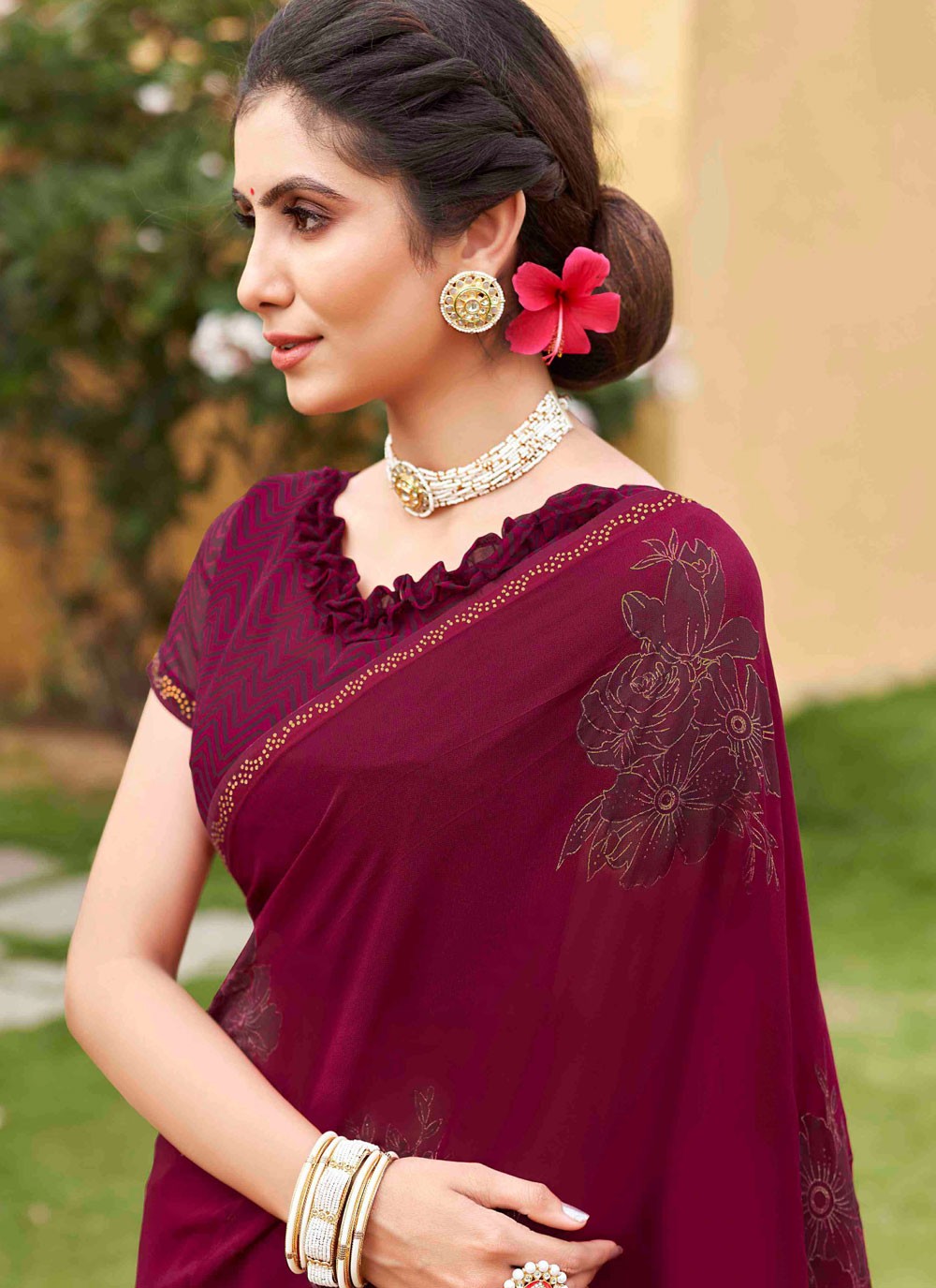 Classic Saree Printed Burgundy Georgette S12447