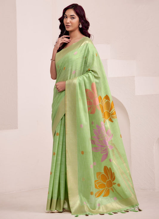 Green Linen Traditional Saree Buttis, Jacquard Work S19335