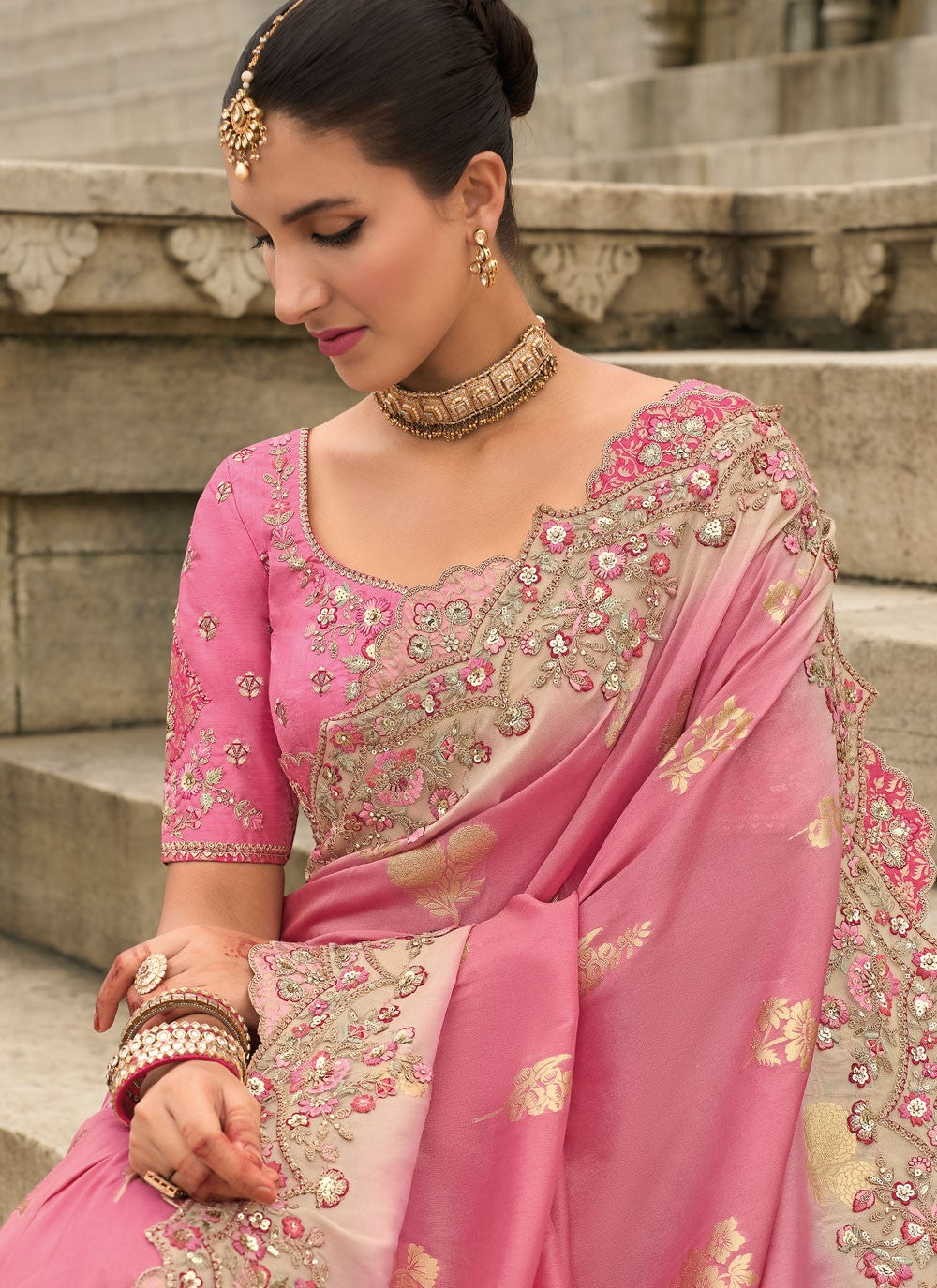 Traditional Buttis Peach Silk Saree S13023