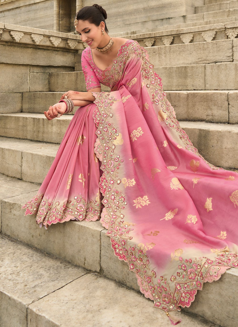 Traditional Buttis Peach Silk Saree S13023