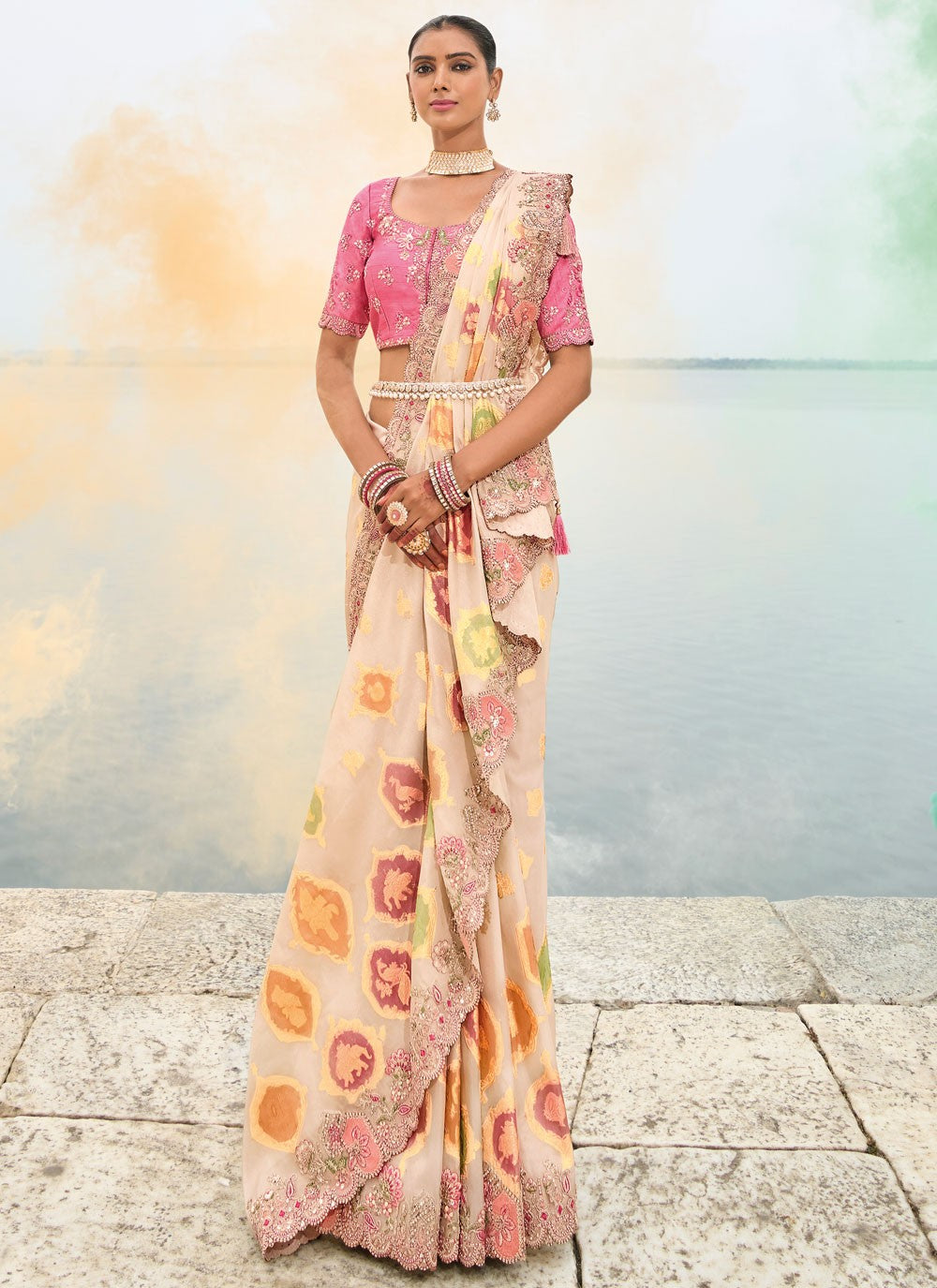 Traditional Buttis Cream Silk Saree S13025