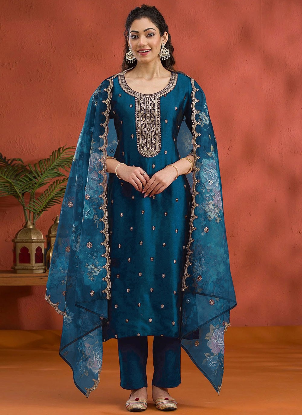 Pant Style Suit Embroidered, Zari Morpeach T7729