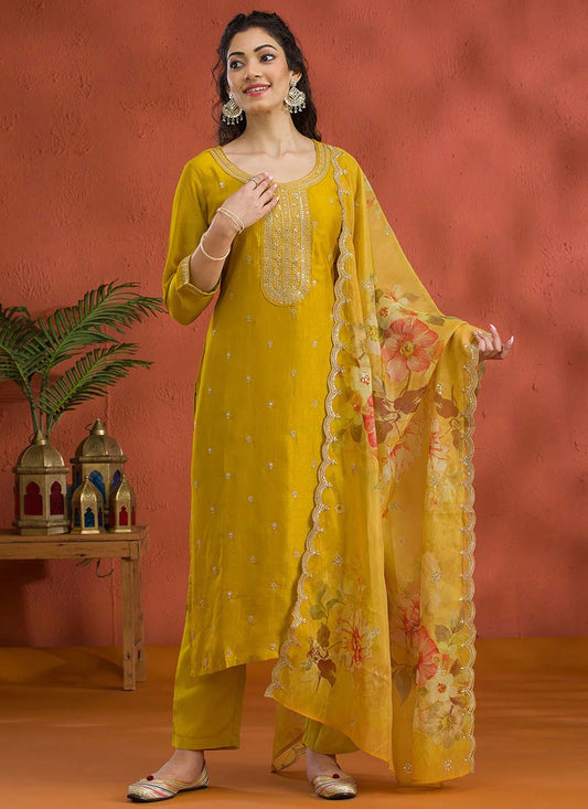 Pant Style Suit Embroidered, Zari Yellow T7730