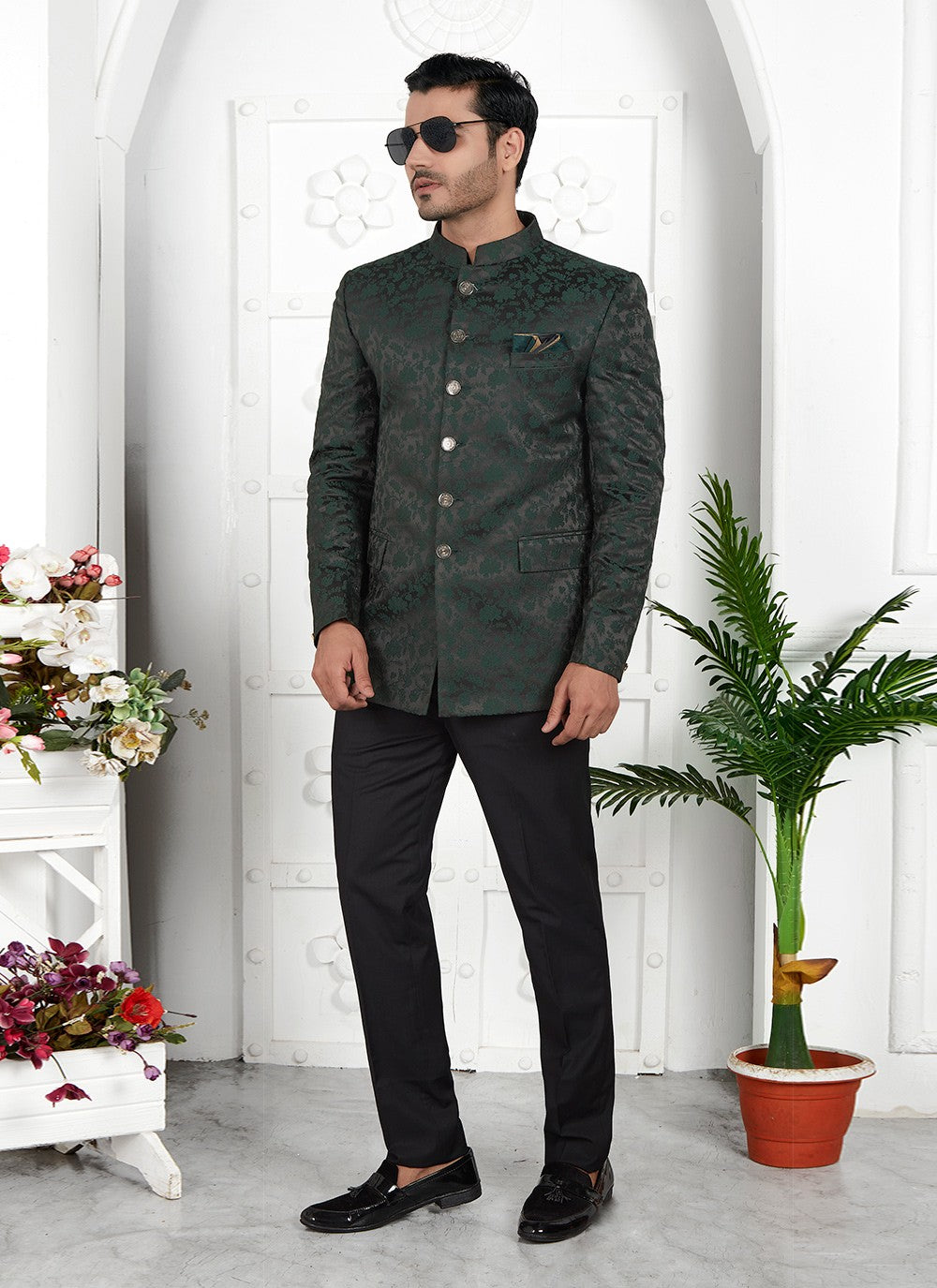 Buttons Jacquard Silk Green Jacket Style - M6651