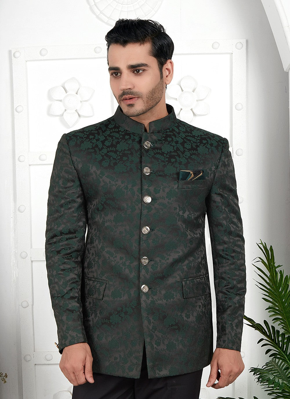Buttons Jacquard Silk Green Jacket Style - M6651