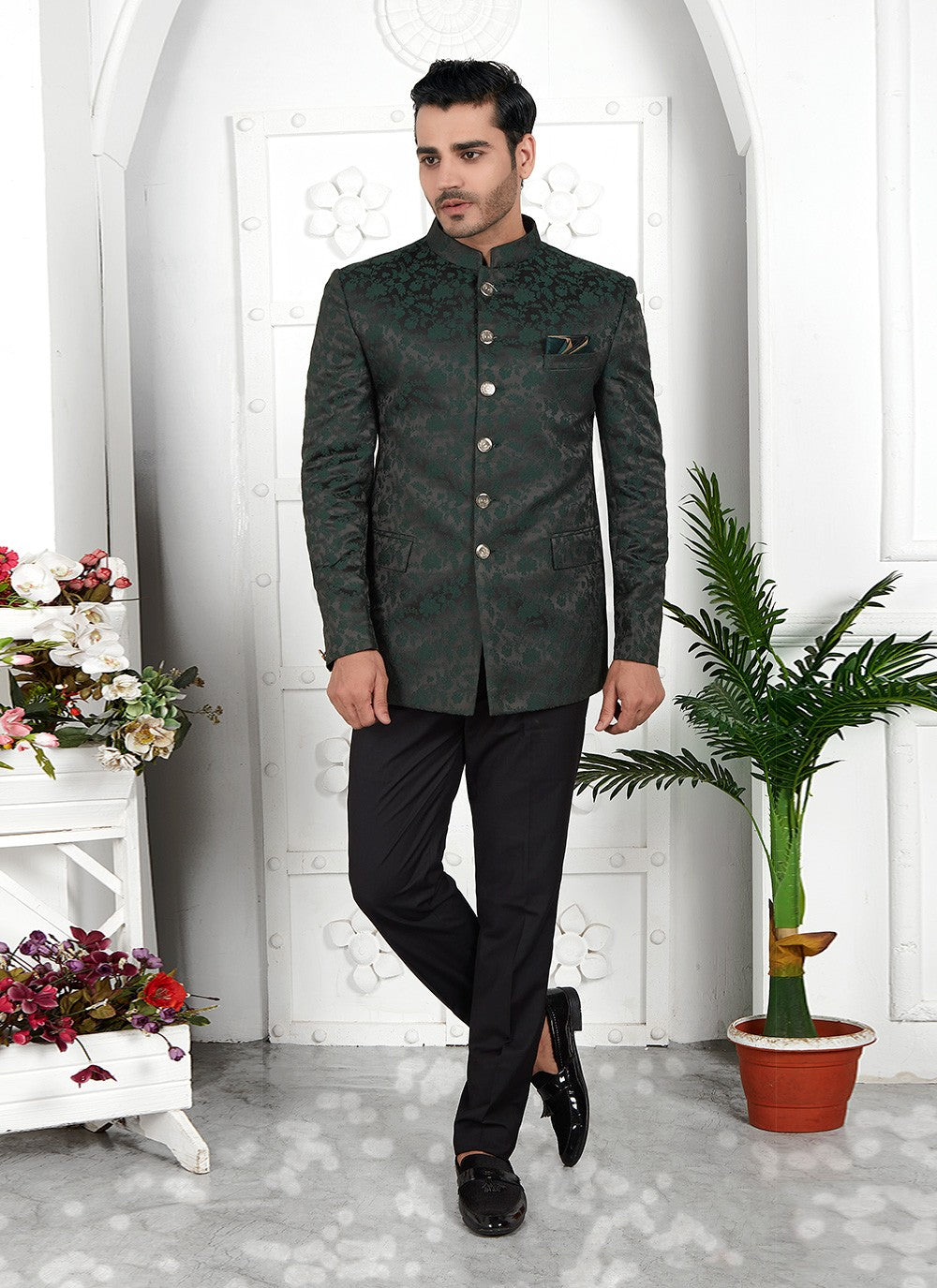 Buttons Jacquard Silk Green Jacket Style - M6651