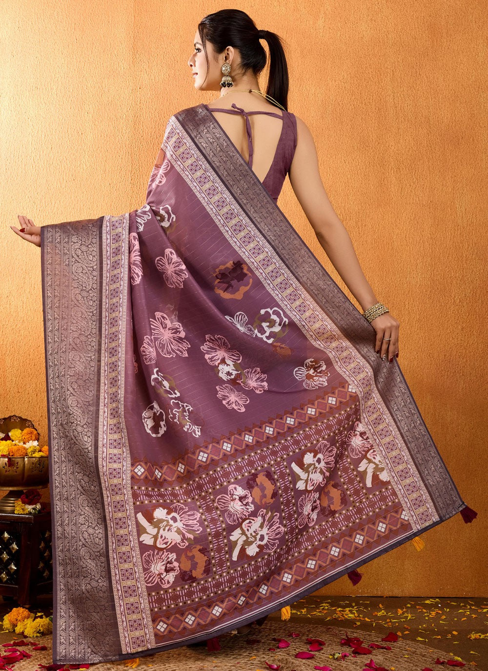 Floral Printed Silk Maroon Saree S14018