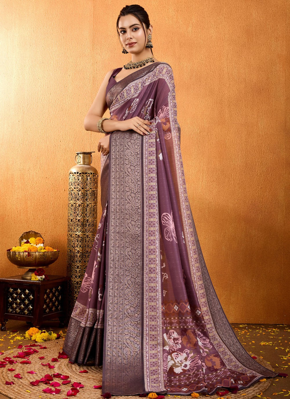 Floral Printed Silk Maroon Saree S14018