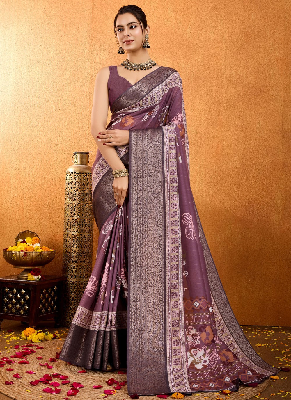 Floral Printed Silk Maroon Saree S13782