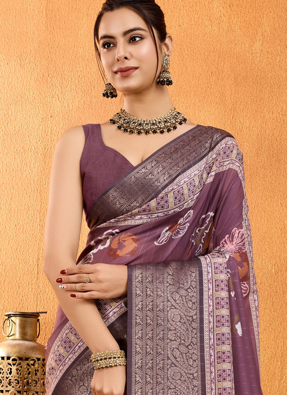 Floral Printed Silk Maroon Saree S14018