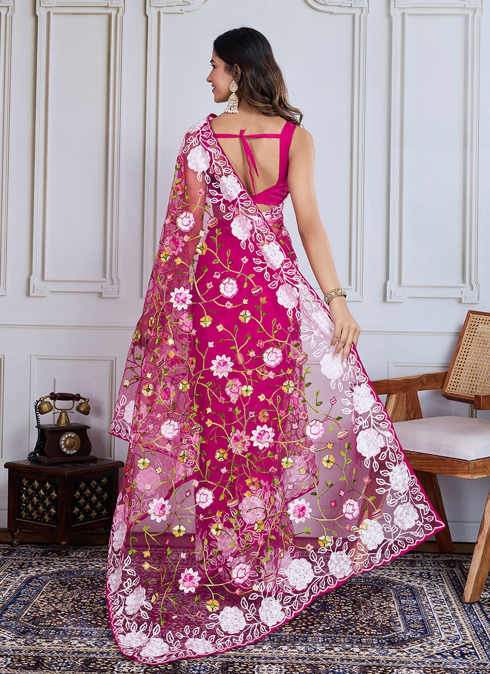 Embroidered Net Pink Casual Saree S14986