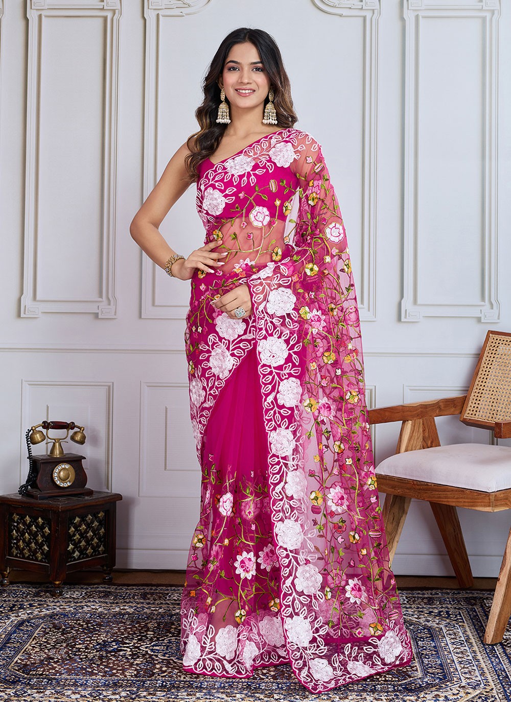 Embroidered Net Pink Casual Saree S14986
