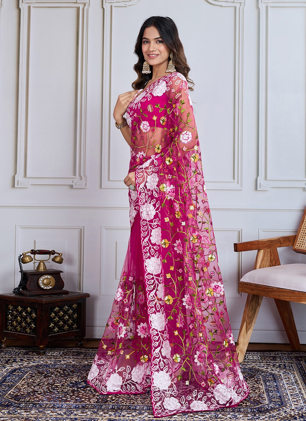 Embroidered Net Pink Casual Saree S14986