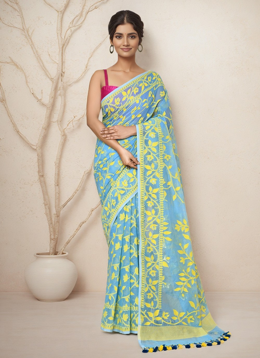 Aqua Blue Chanderi Cotton Classic Saree Floral Printed S19997