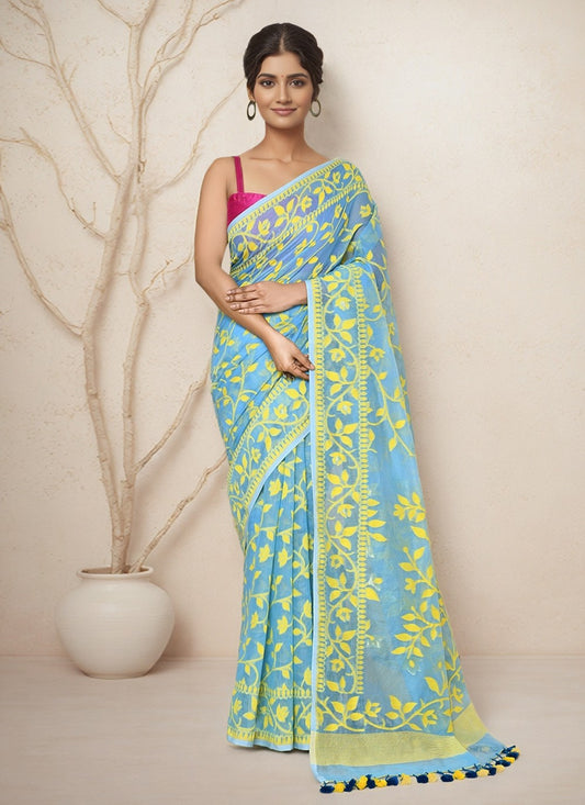 Aqua Blue Chanderi Cotton Classic Saree Floral Printed S19997