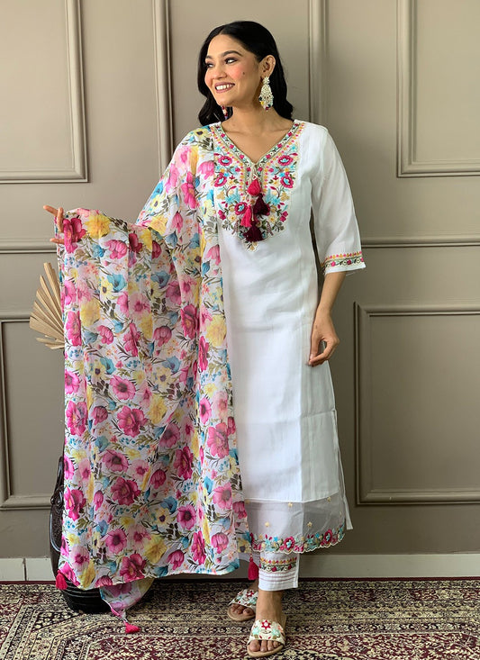Salwar Suit Embroidered White Chanderi T5016