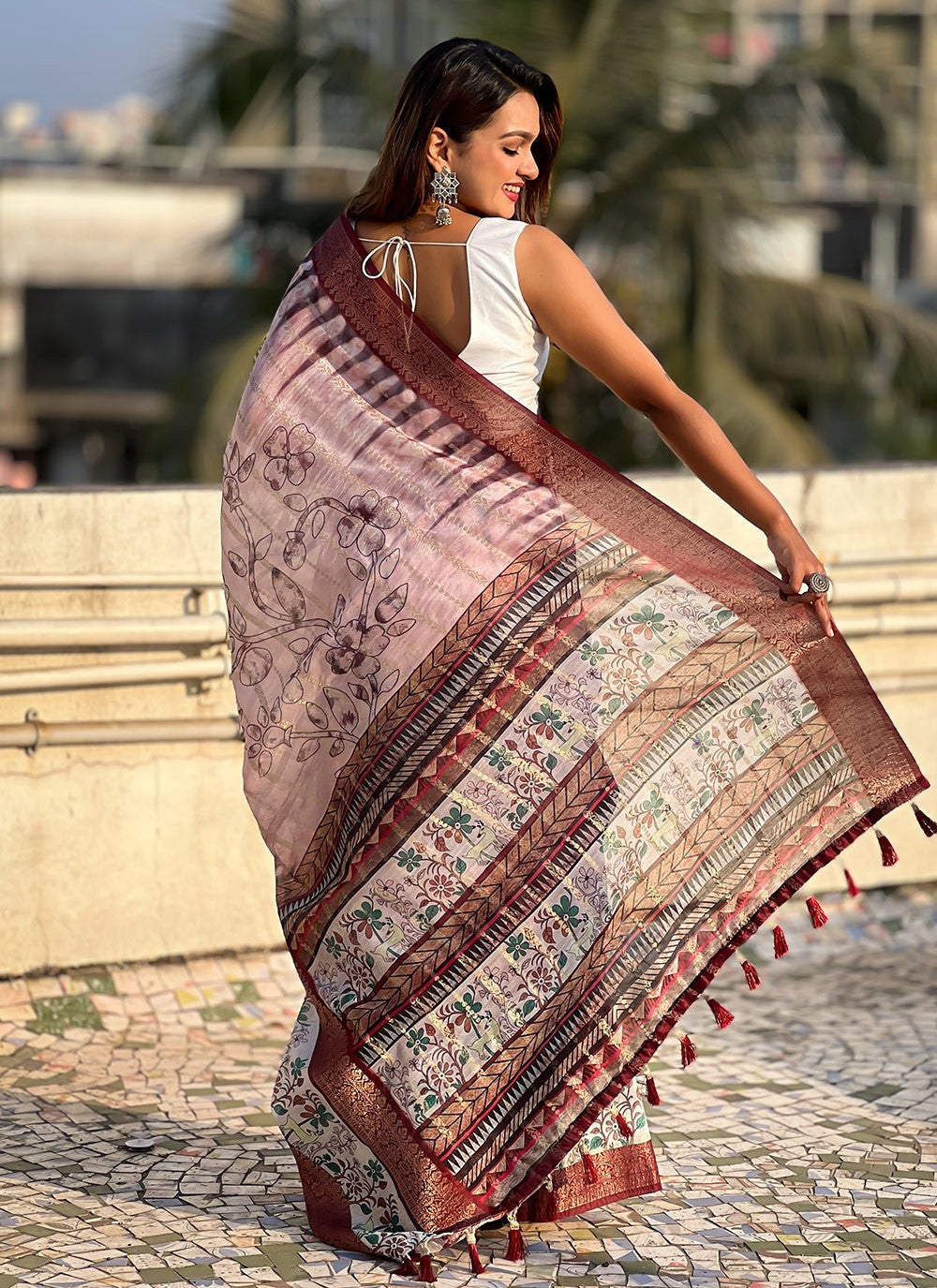 Printed Chanderi Maroon Saree S13885