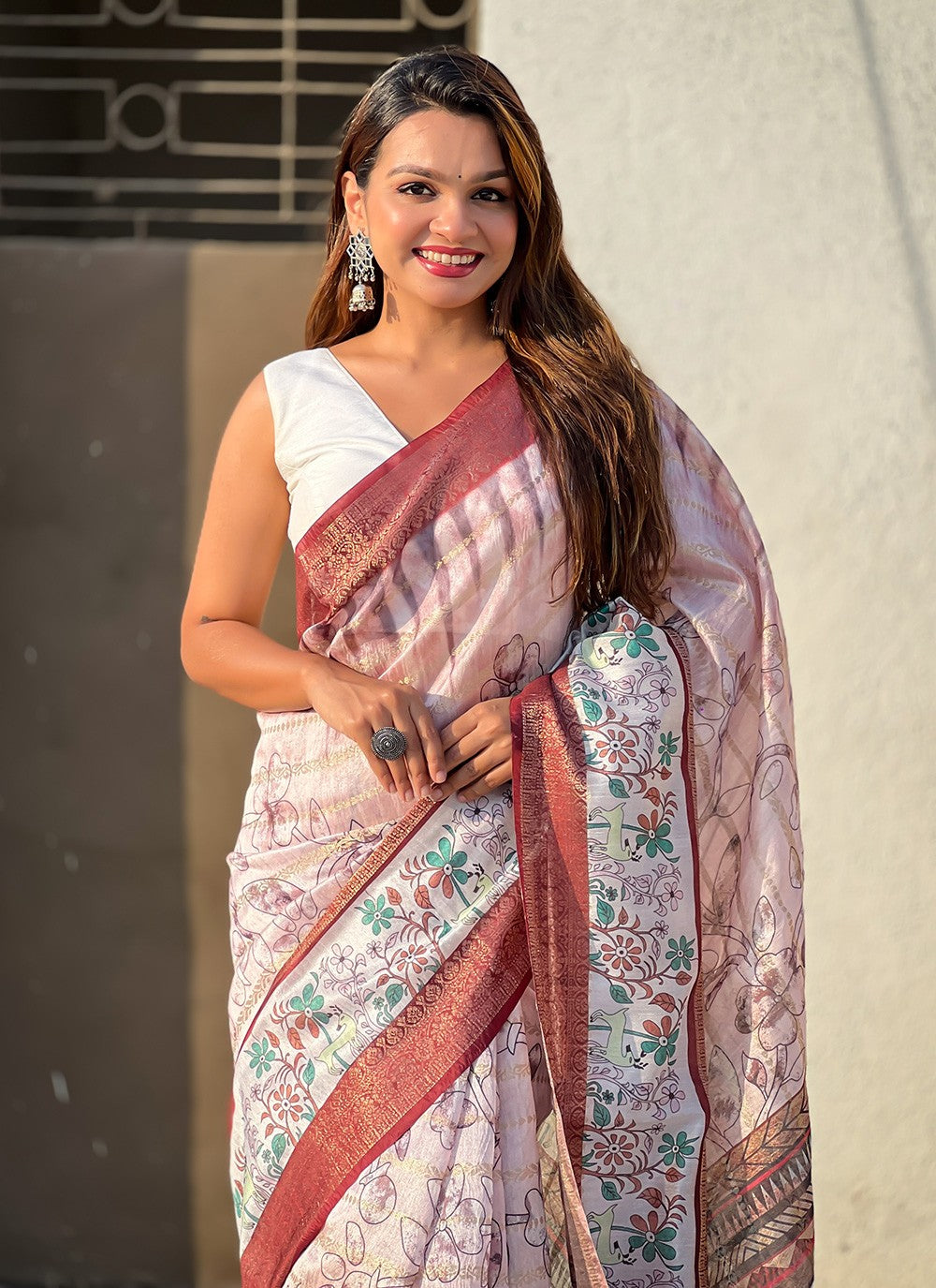 Printed Chanderi Maroon Saree S13885
