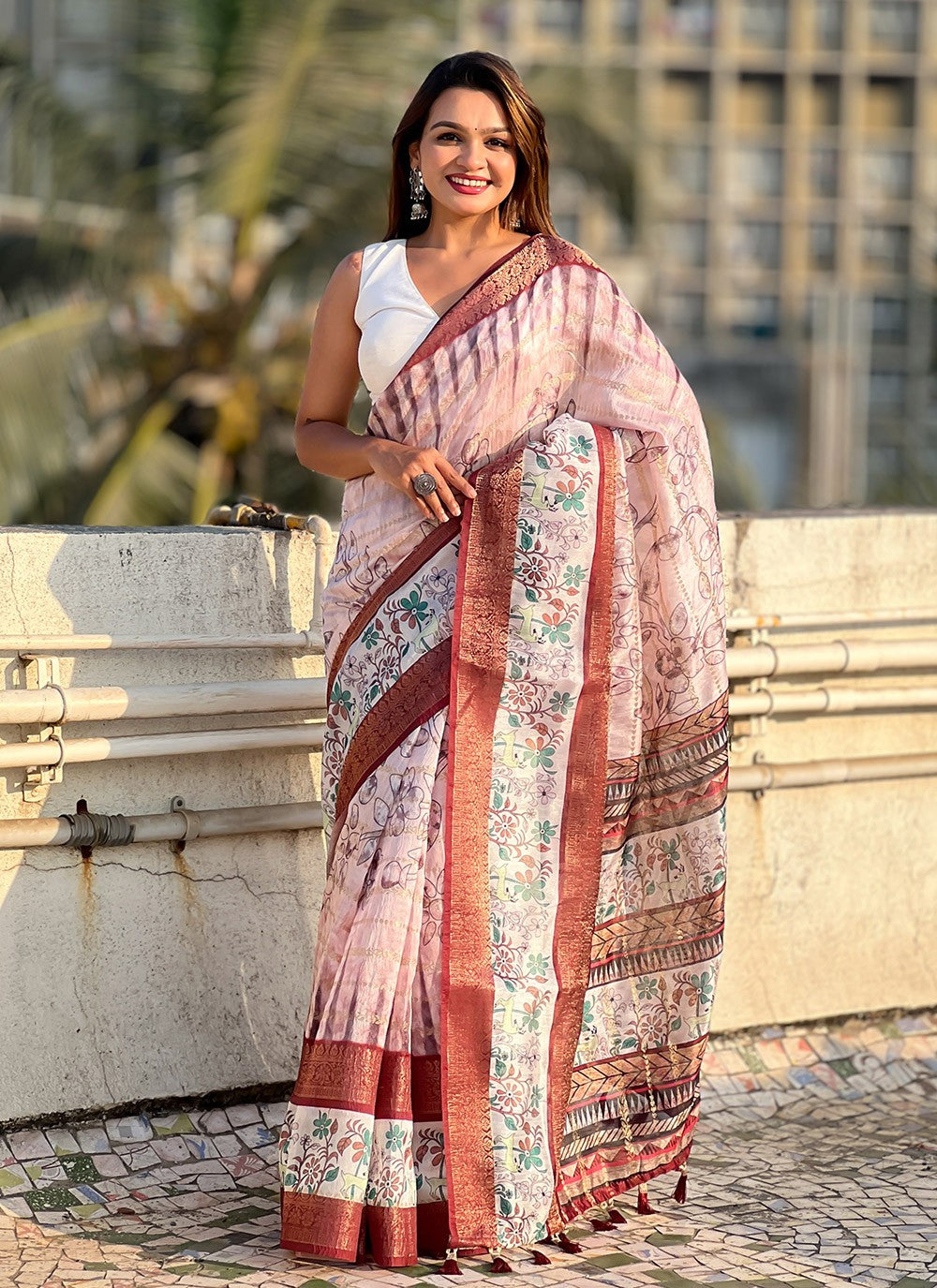 Printed Chanderi Maroon Saree S14121