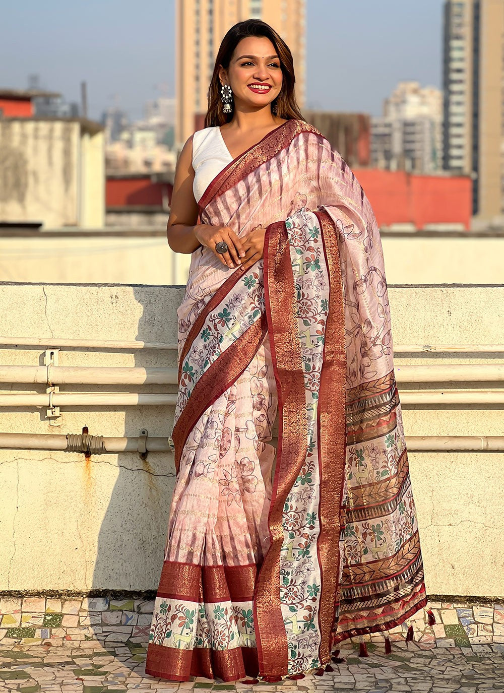 Printed Chanderi Maroon Saree S14121