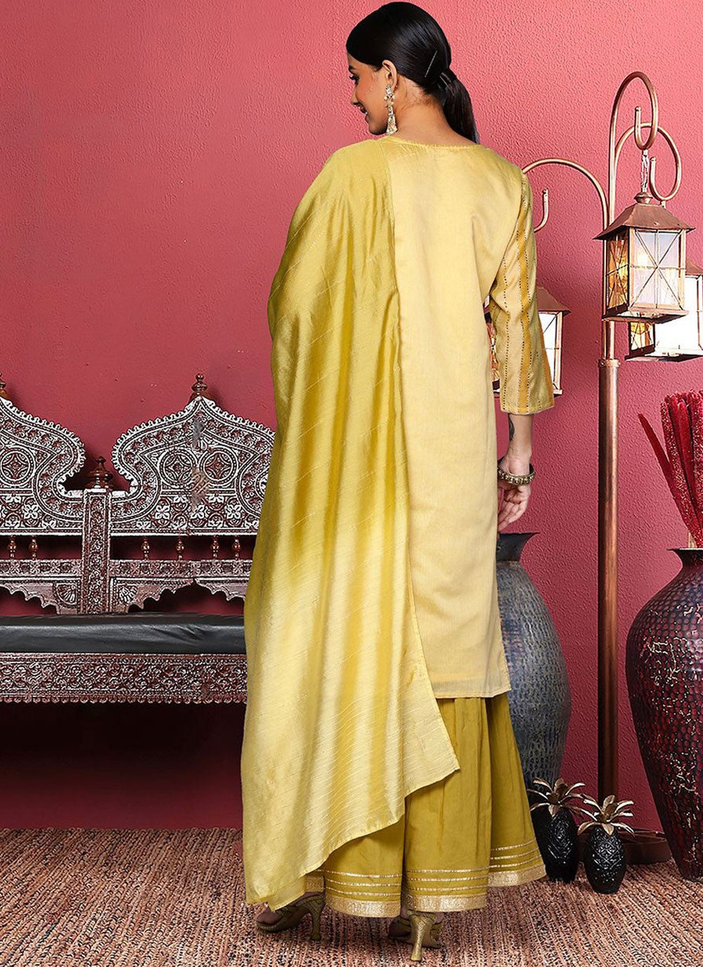 Palazzo Suit Fancy Work Cream Chanderi T5644