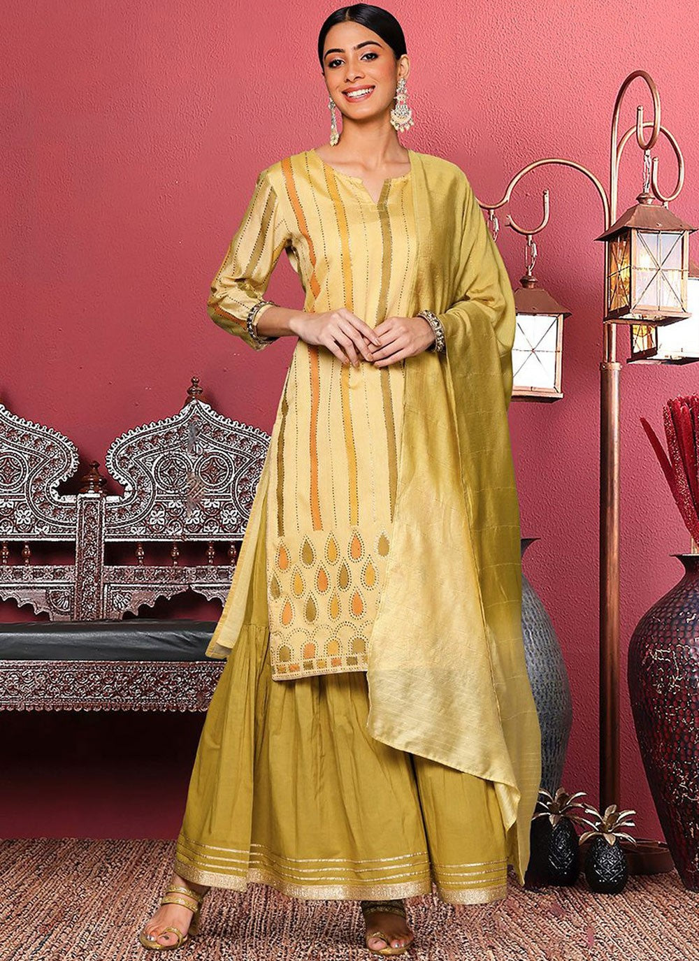 Palazzo Suit Fancy Work Cream Chanderi T5644