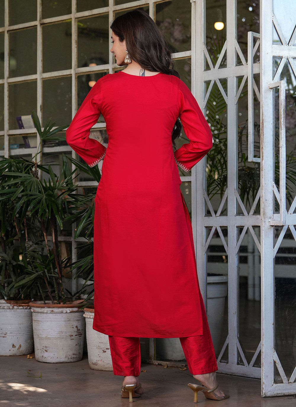Embroidered Chanderi Red Salwar Suit T6086