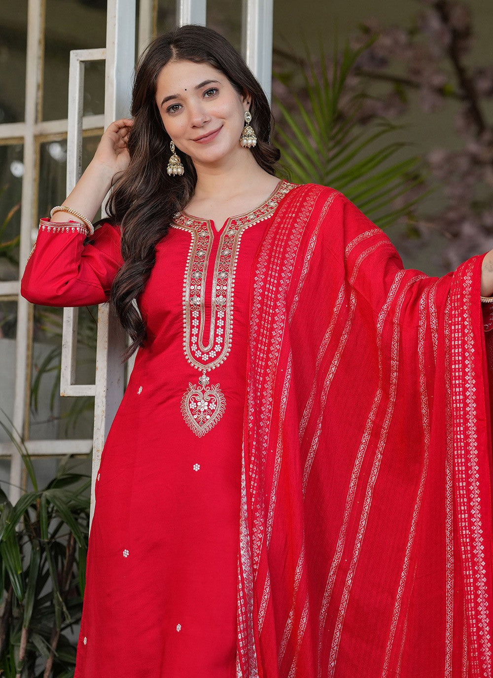 Embroidered Chanderi Red Salwar Suit T6086