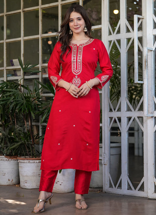 Embroidered Chanderi Red Salwar Suit T6086