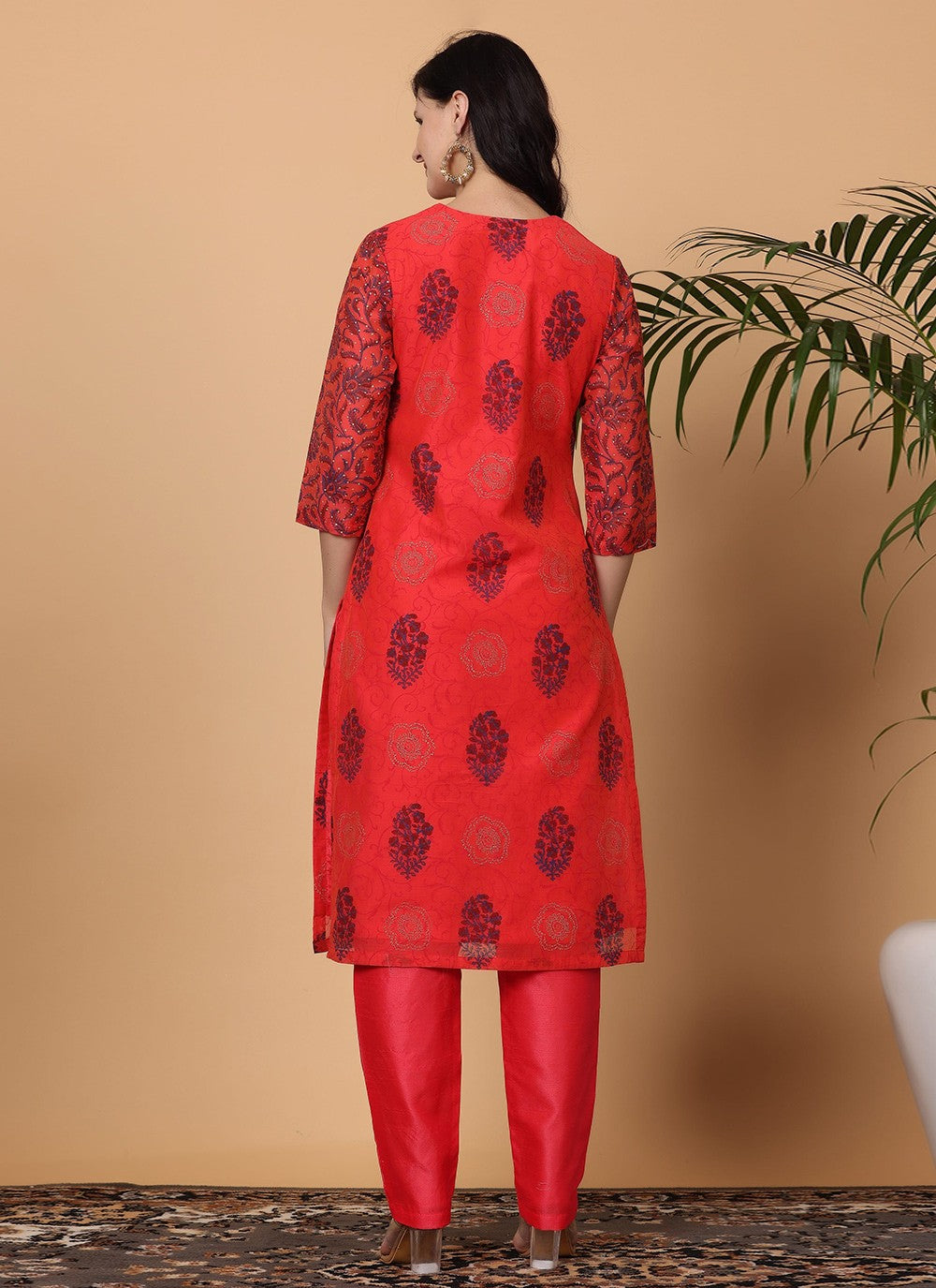 Printed Chanderi Red Salwar Suit T5939