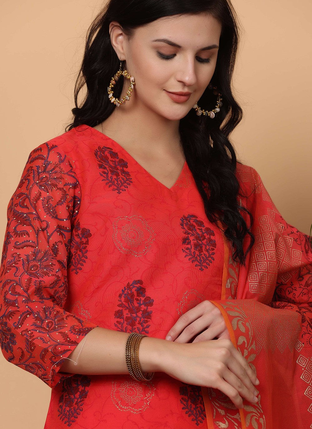 Printed Chanderi Red Salwar Suit T5939
