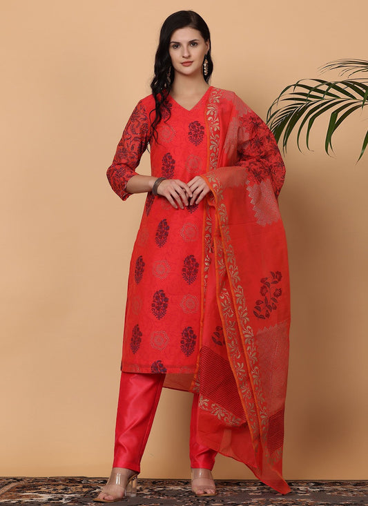Printed Chanderi Red Salwar Suit T5939