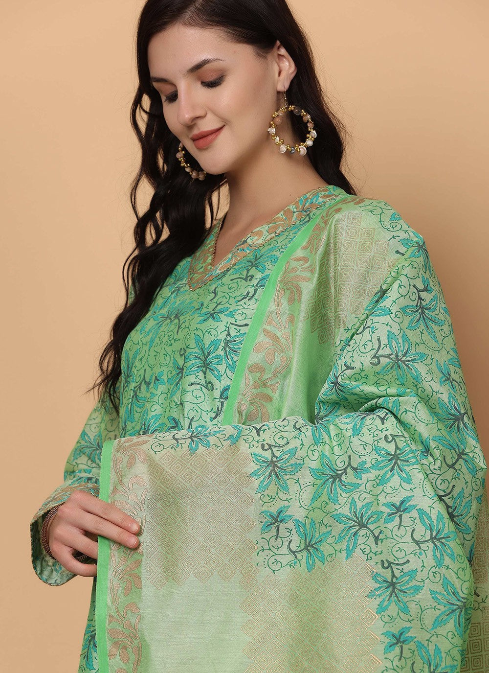 Printed Chanderi Sea Green Salwar Suit T5935