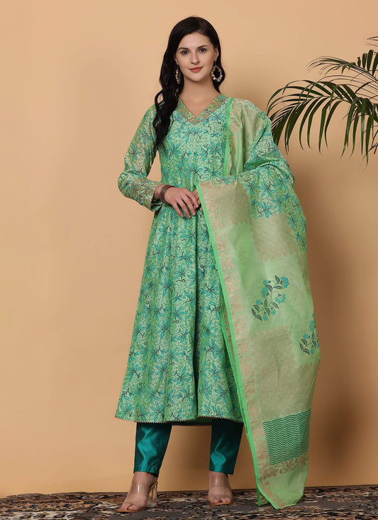 Printed Chanderi Sea Green Salwar Suit T5935