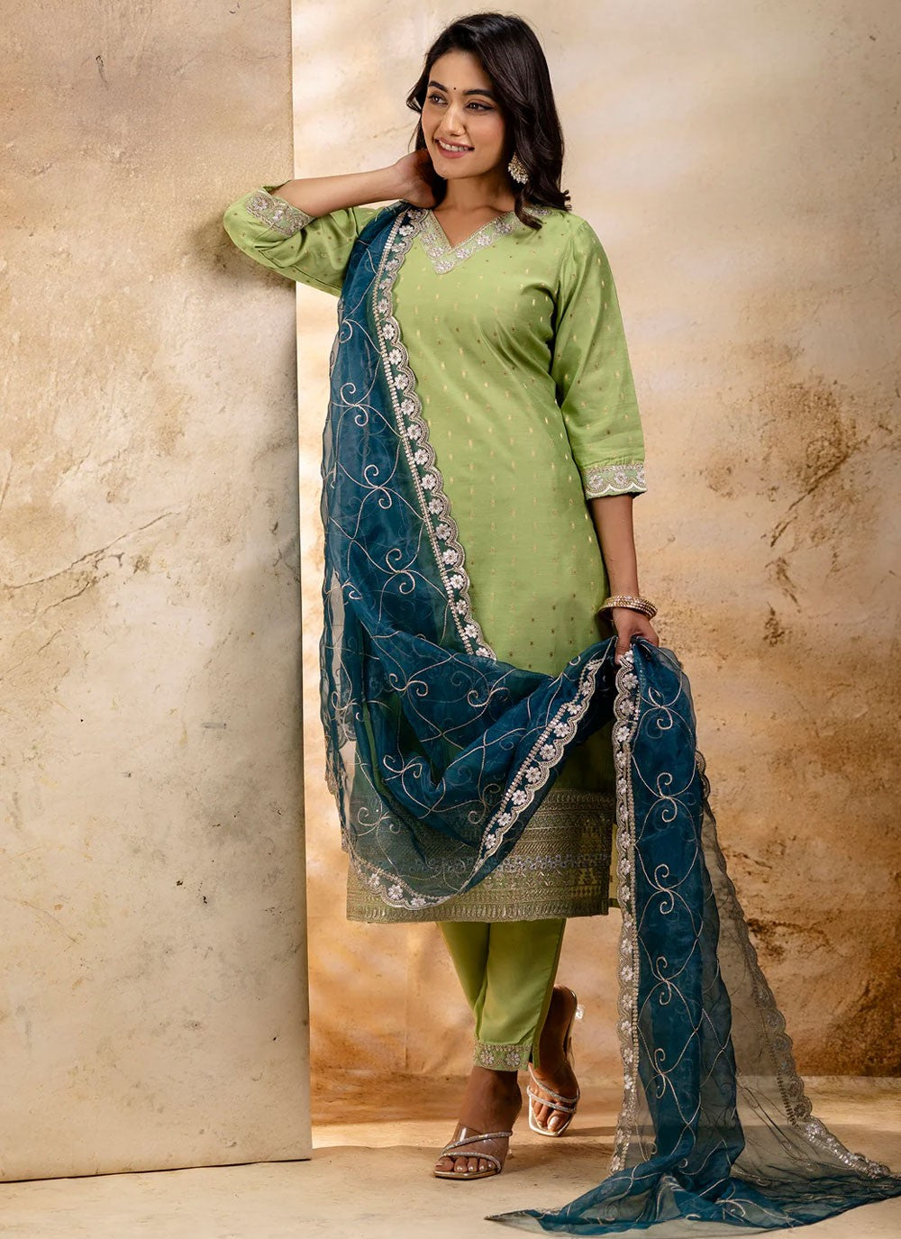 Pant Style Suit Embroidered Green T7033