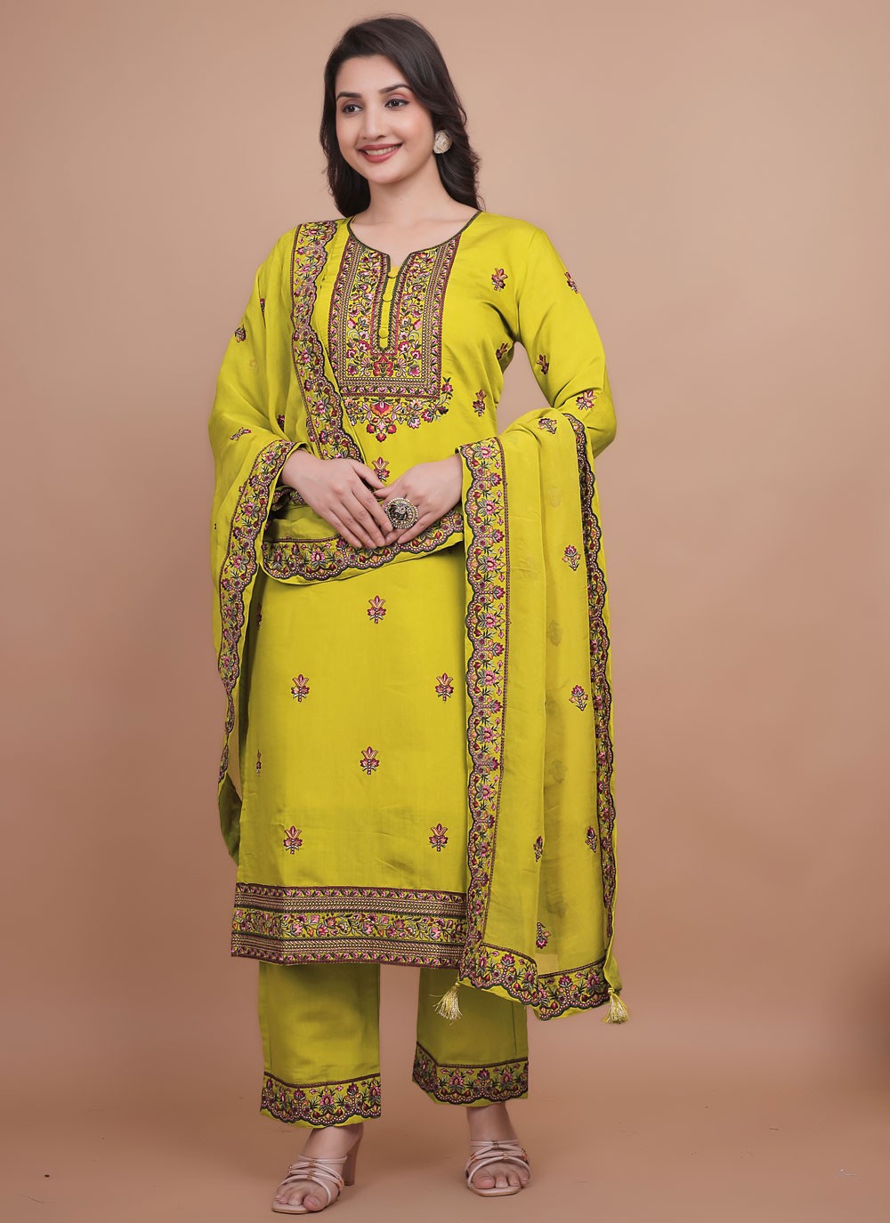Pant Style Suit Embroidered Mustard T7709