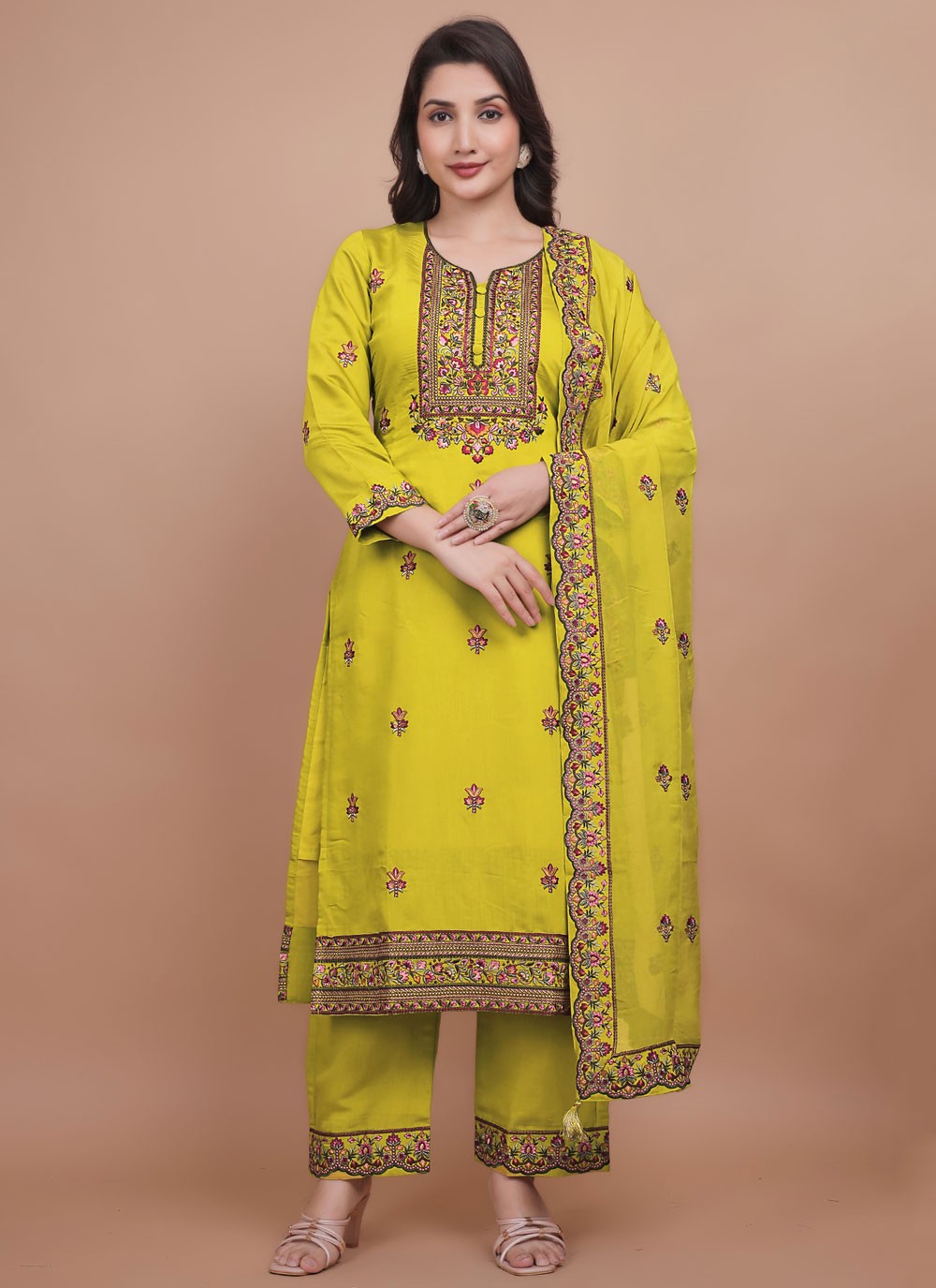 Pant Style Suit Embroidered Mustard T7709