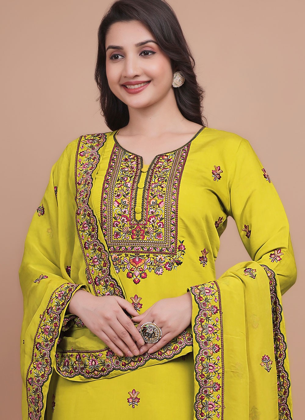 Pant Style Suit Embroidered Mustard T7709