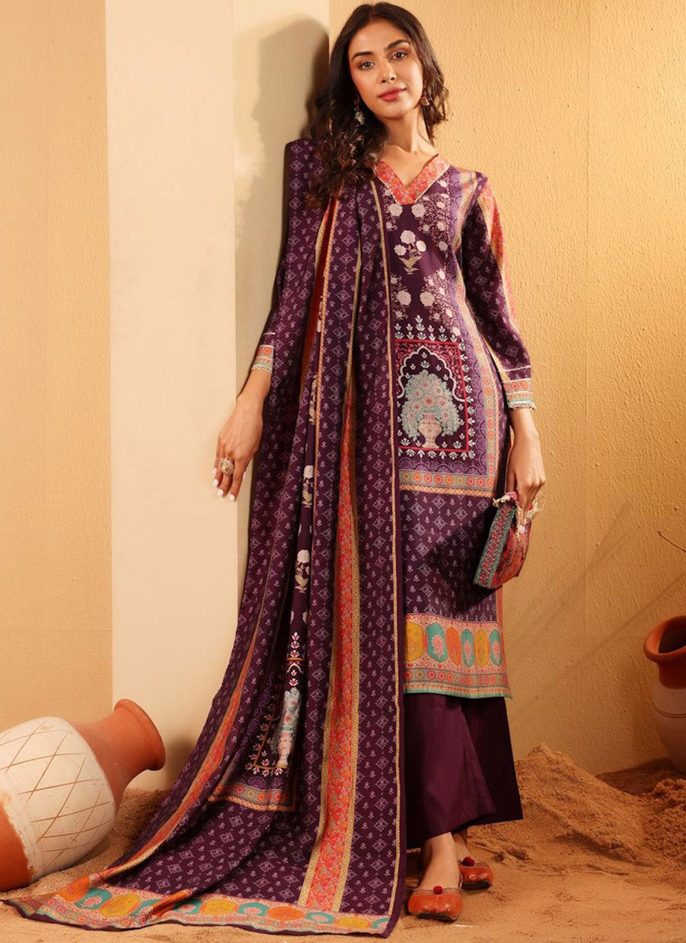 Salwar Suit Fancy Work Purple Chanderi Silk T5113