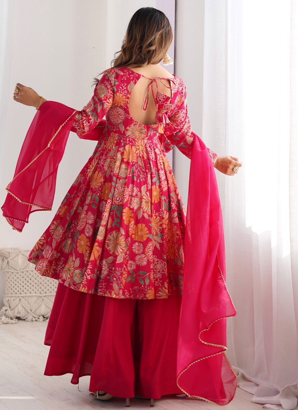 Floral Printed Chanderi Silk Pink Sharara Suit T6163
