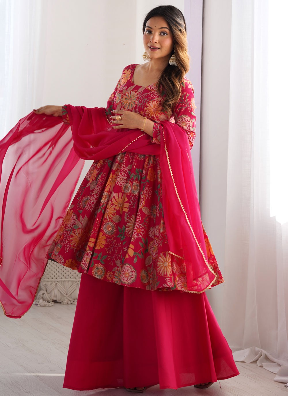 Floral Printed Chanderi Silk Pink Sharara Suit T6163